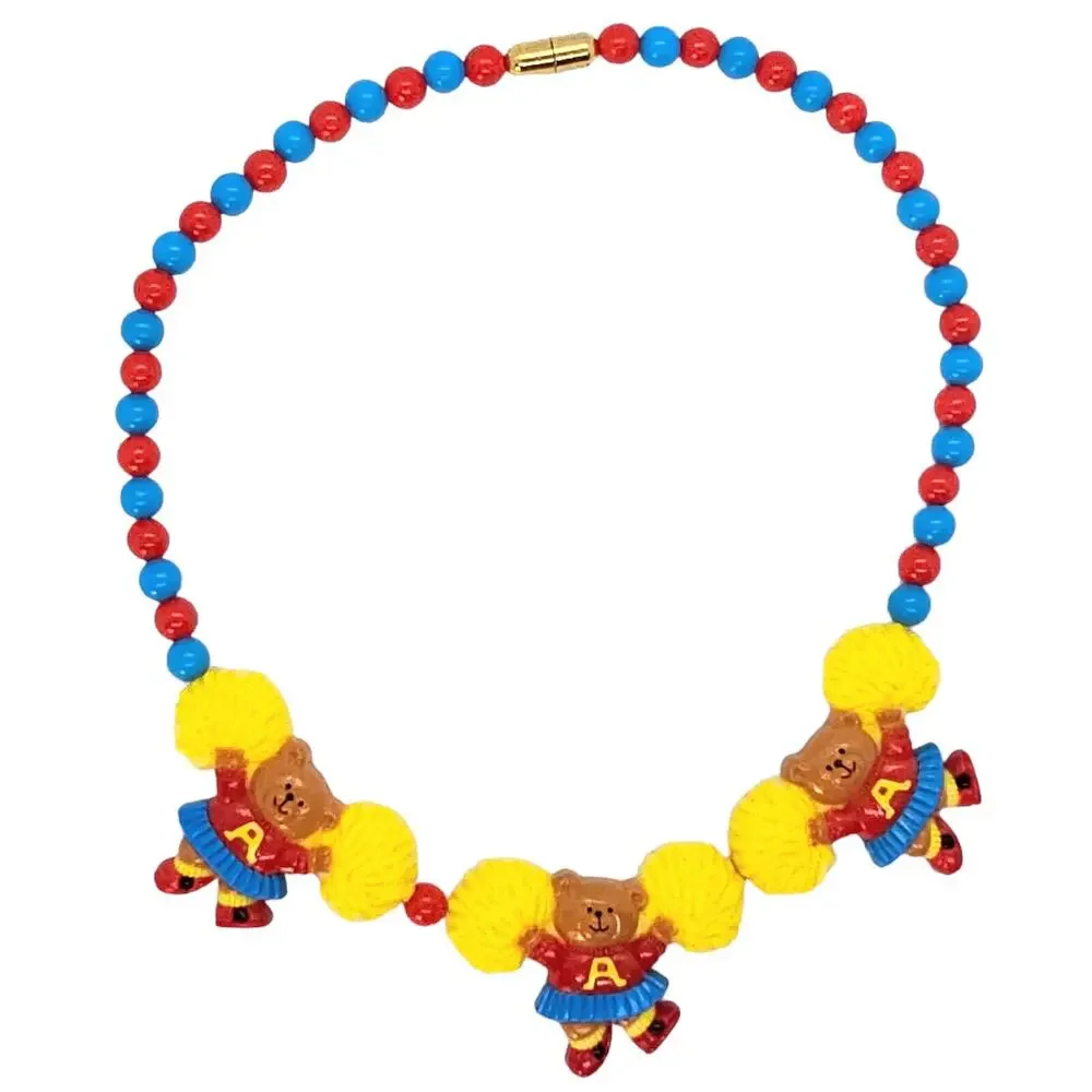 Vintage Avon 80s Teddy Bear Cheerleader Necklace Kids Beaded Plastic Jewelry NIB